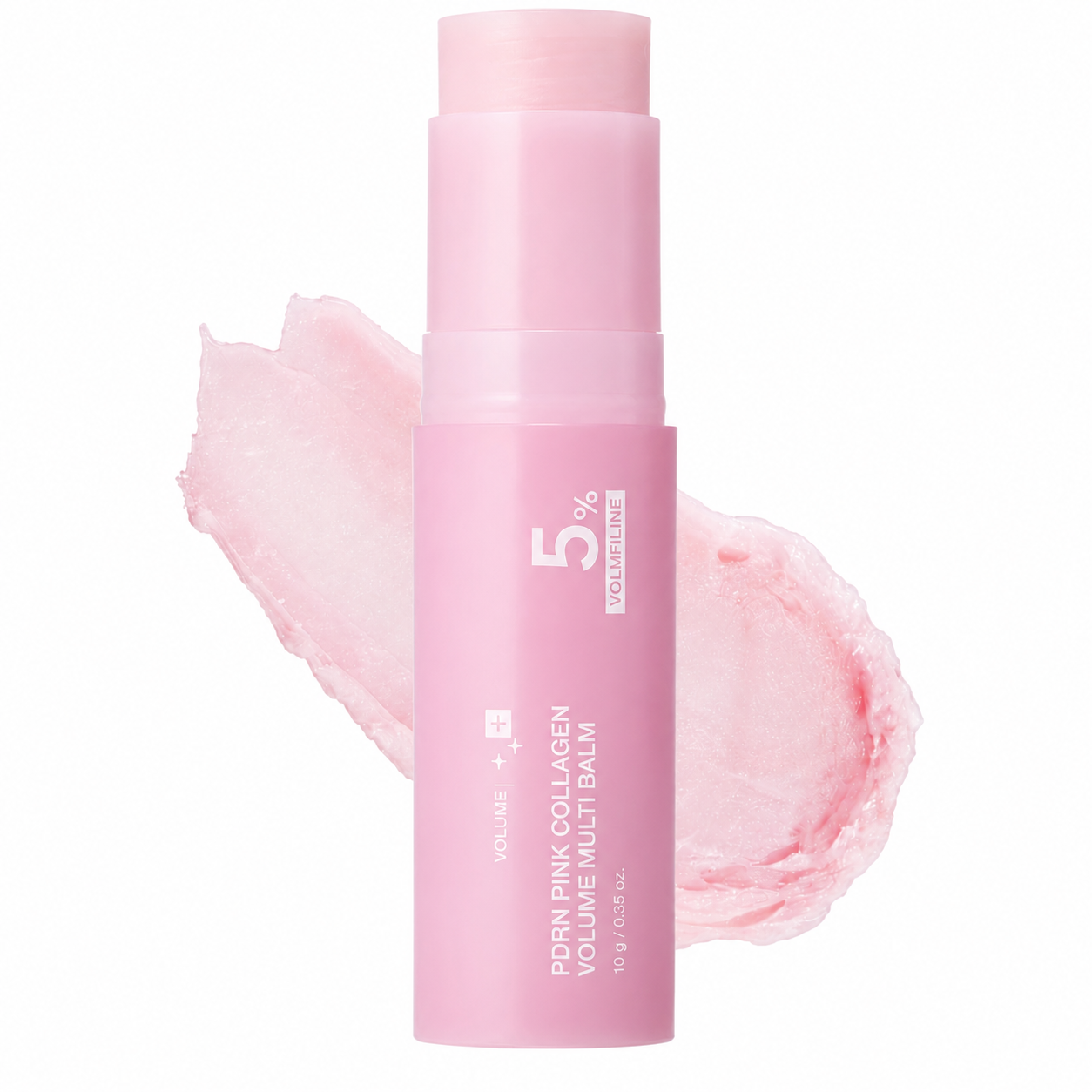 A pink cosmetic stick product labeled '5% VITALITY' and 'FORN PINK COLLAGEN MULTI-DRAIN' stands upright on a white background with a soft pink product smear behind it.